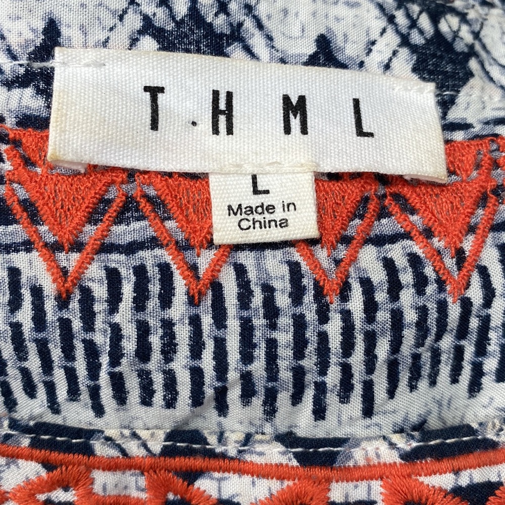 THML Short Sleeves Embroidered Mini Shift Dress in Navy & Orange in Tribal Motif - Picture 4 of 5